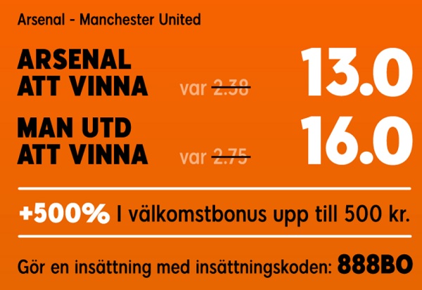 888Sport ger alla nya kunder ett mycket bra erbjudande på Arsenal - Man Utd söndag den 10 mars kl 17.30.