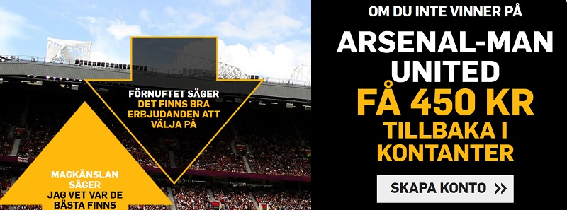 Betfair har en oddsbörs och i den ger nya de nya kunder 450 kr riskfritt på matchen Arsenal - Man Utd den 10 mars 2019